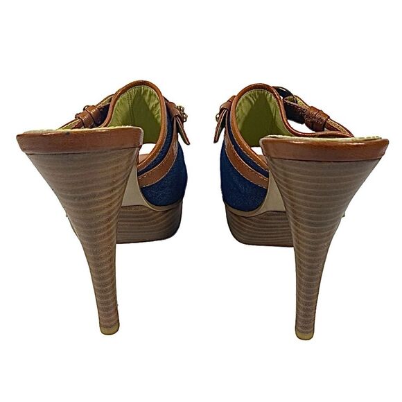 Platform Heels Size 9M | Blue Denim & Tan Slip-On | 5.5” Heel - Picture 7 of 11